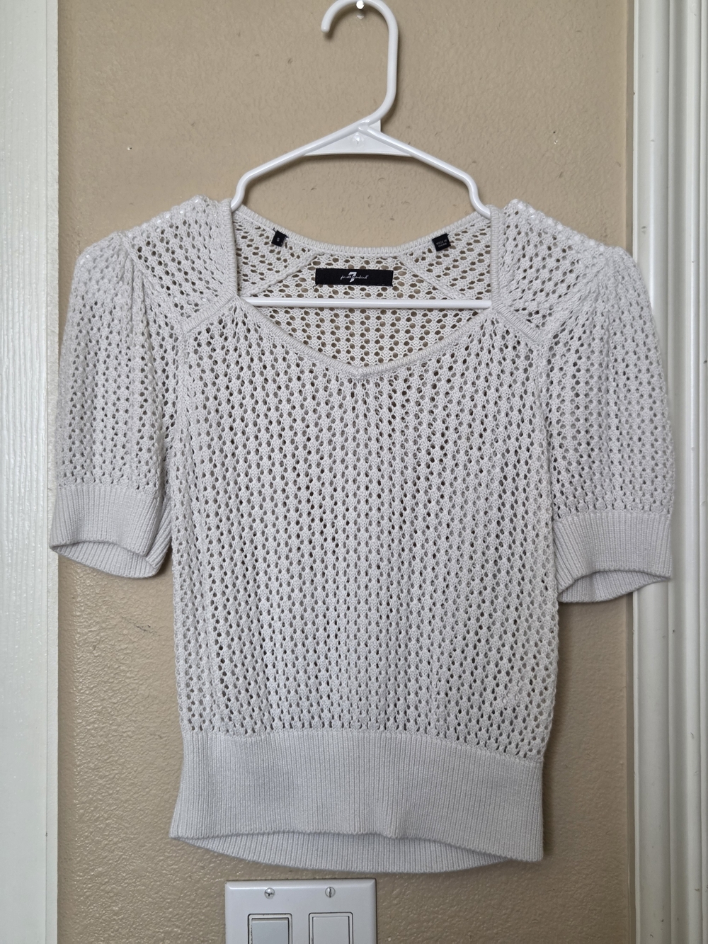 7 For All Mankind "Sweetheart Sweater" Open Knit Puff Sleeve Top – Size S